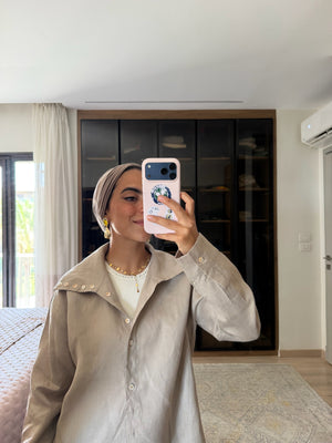 Long Collar Linen Shirt in Beige
