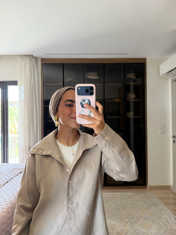 Long Collar Linen Shirt in Beige
