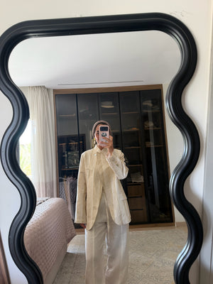 Striped Linen Asymmetric Blazer in White X Pistachio