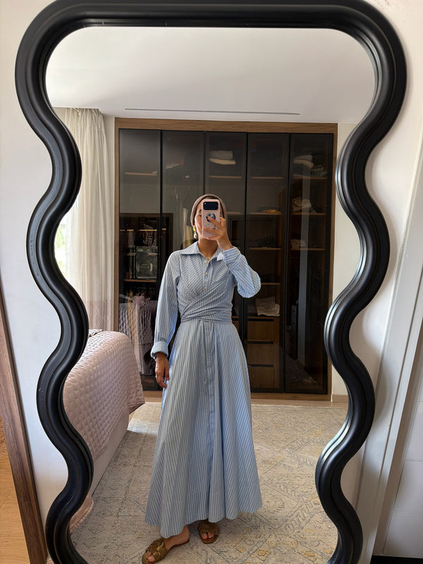 Striped Oxford Wrap Dress in Light Blue