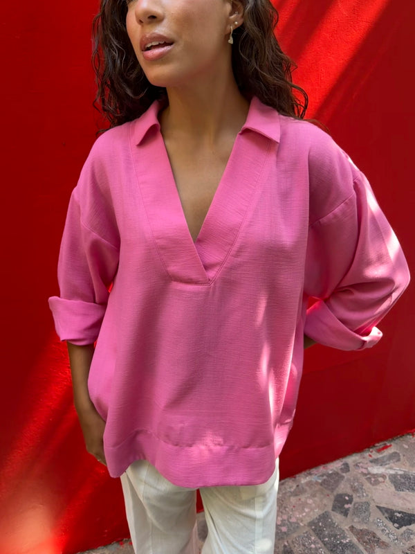 Polo Collar Linen Blouse in Rose