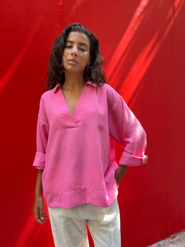 Polo Collar Linen Blouse in Rose
