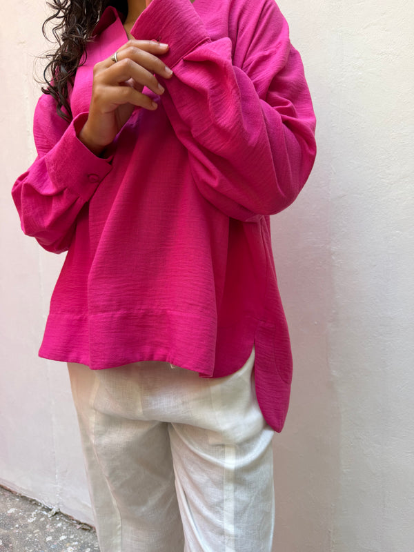 Polo Collar Linen Blouse in Fuchsia