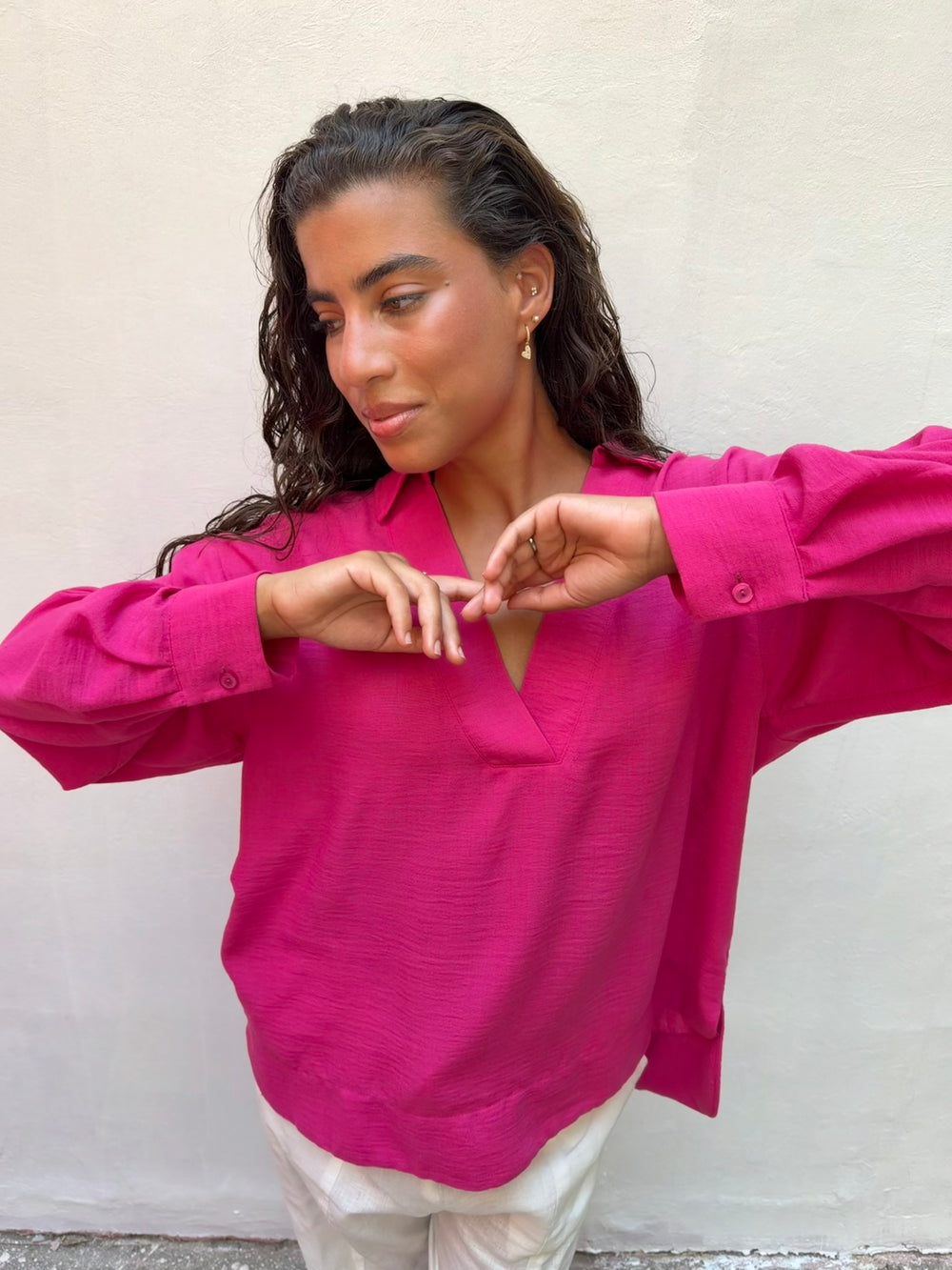 Polo Collar Linen Blouse in Fuchsia