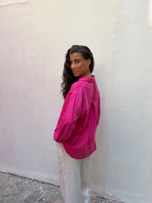 Polo Collar Linen Blouse in Fuchsia
