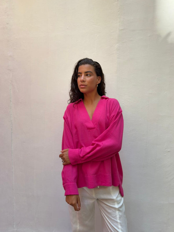 Polo Collar Linen Blouse in Fuchsia