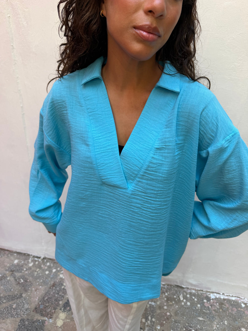 Polo Collar Linen Blouse Baby Blue
