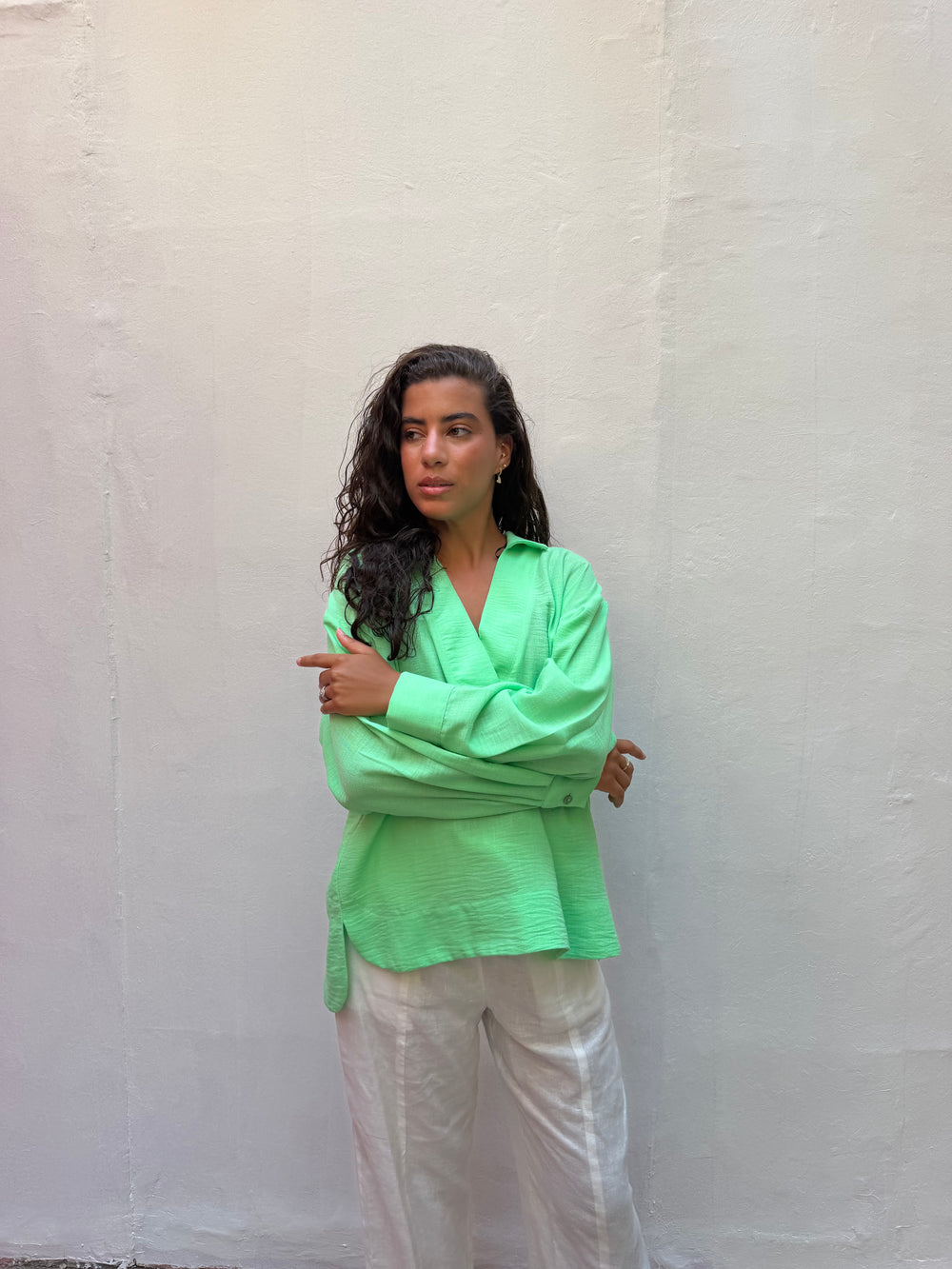 Polo Collar Linen Blouse Apple Green