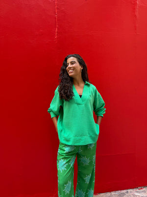 Polo Collar Linen Blouse in Green
