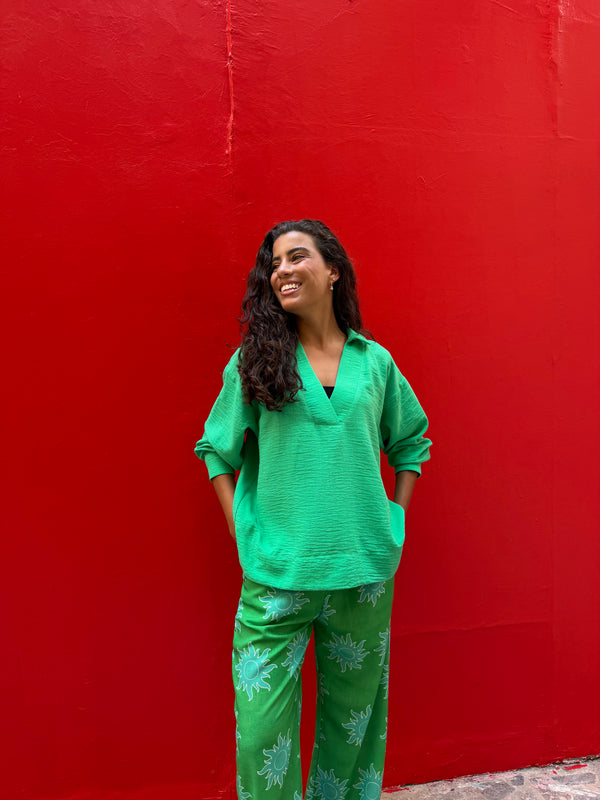 Polo Collar Linen Blouse in Green