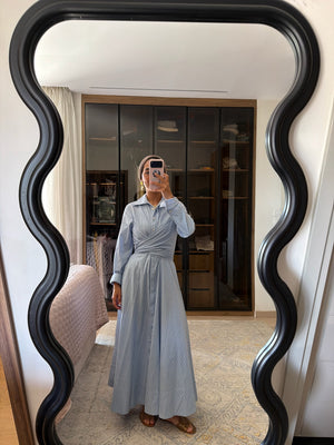 Striped Poplin Wrap Dress in Blue
