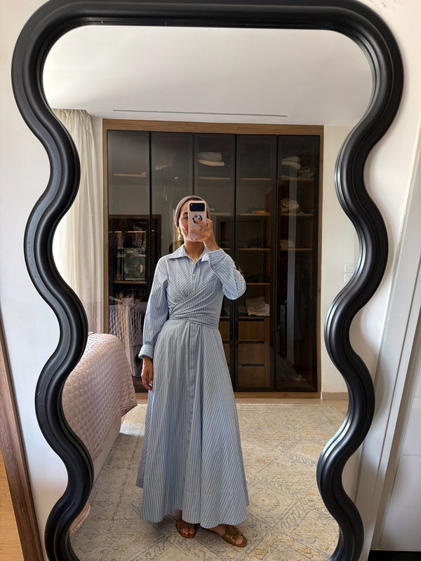 Striped Poplin Wrap Dress in Blue