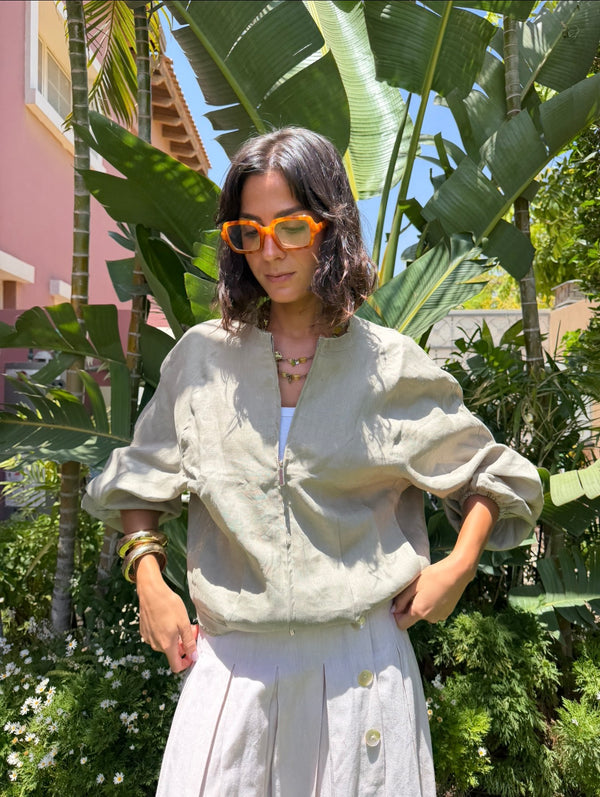 Linen Bomber Jacket in Olive