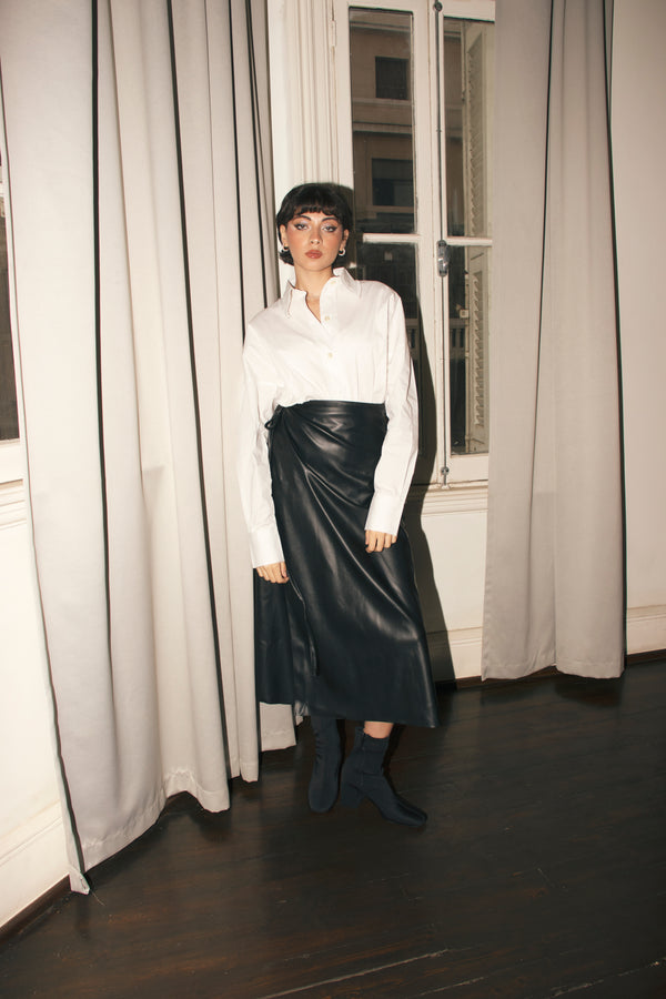 Starlight Leather Wrap Skirt in Black
