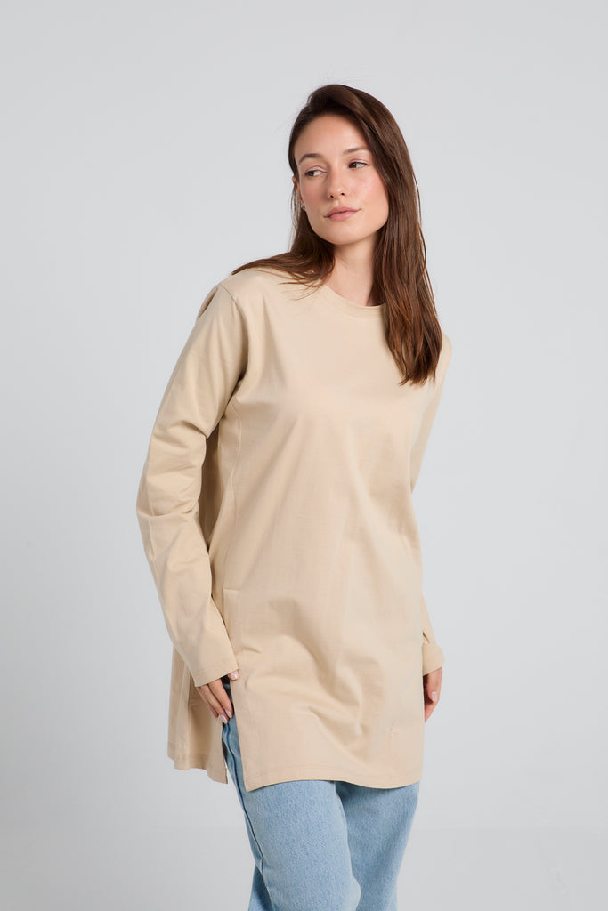 Easy To Do It Long Sleeve Tee in Beige