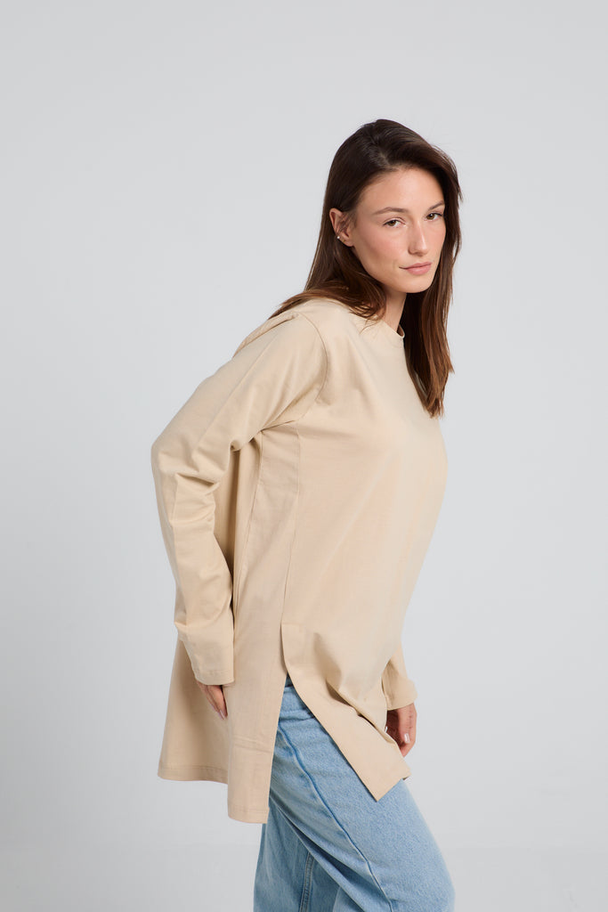 Easy To Do It Long Sleeve Tee in Beige