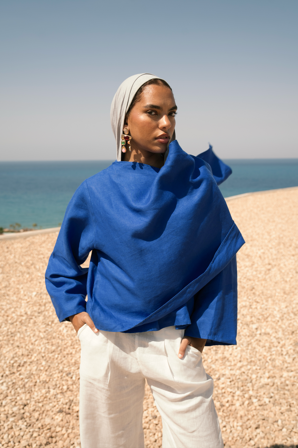 Linen Scarf Top in Royal Blue