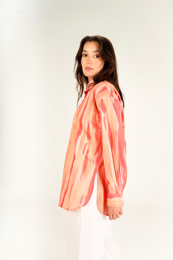 Printed Cotton Shirt in Peach Orange