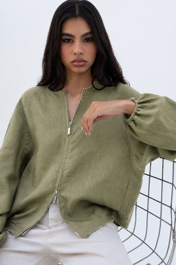 Linen Bomber Jacket in Olive