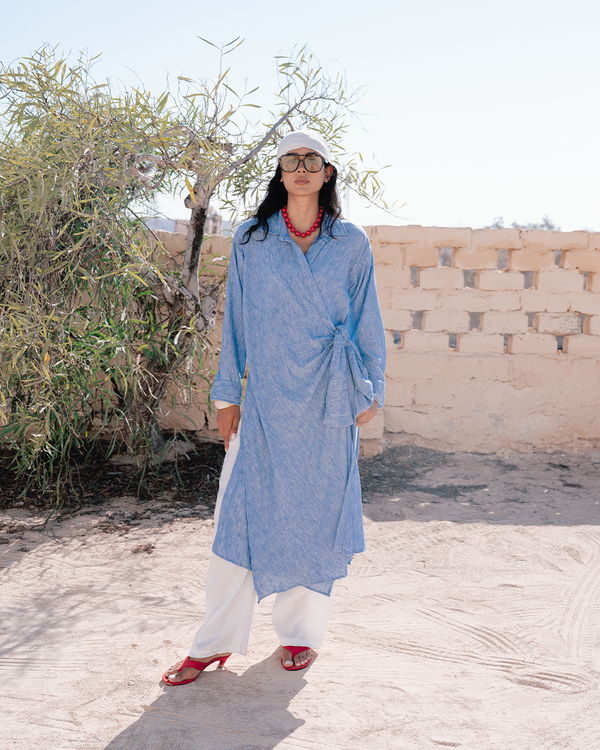 Long Wrap Shirt in Blue