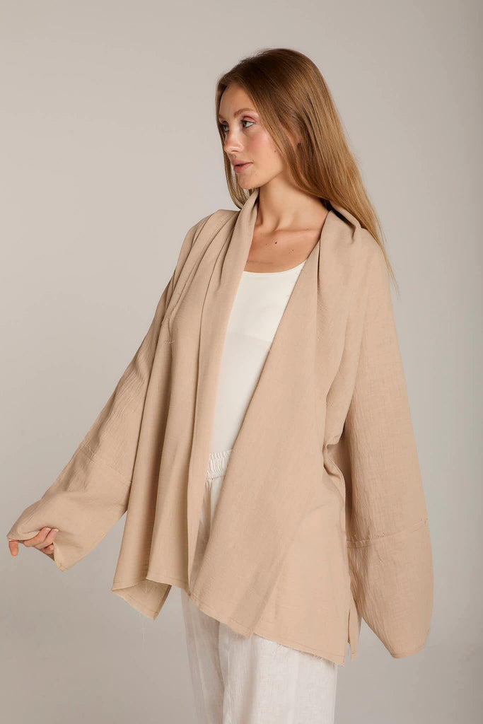 Raw-Hem Linen Kimono in Beige