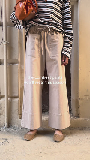 Wide-Leg Drawstring Pants in Beige