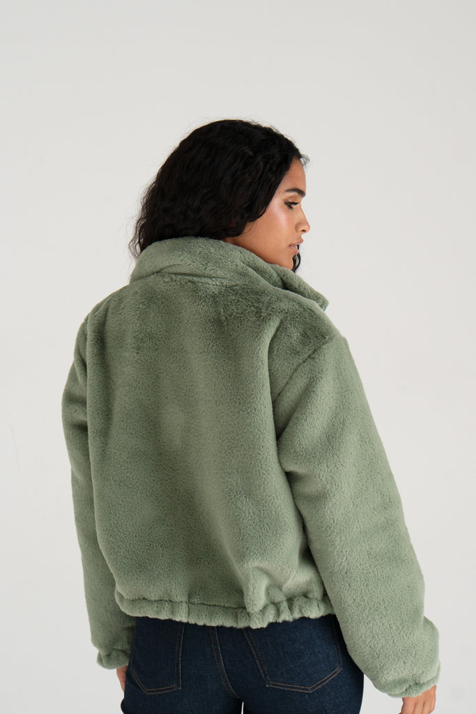 Cloudy Faux Fur Jacket In Sage Green