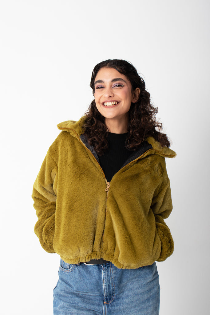 Cloudy Faux Fur Jacket In Mustard